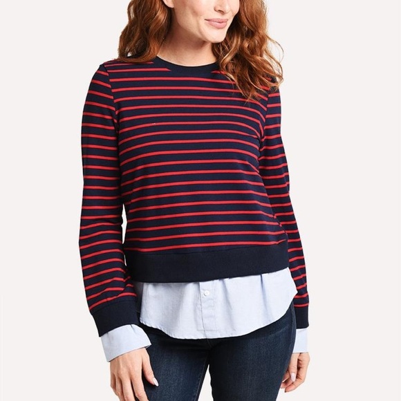 English factory striped mixed media top Navy and Red Striped Sweater XS - Picture 1 of 7